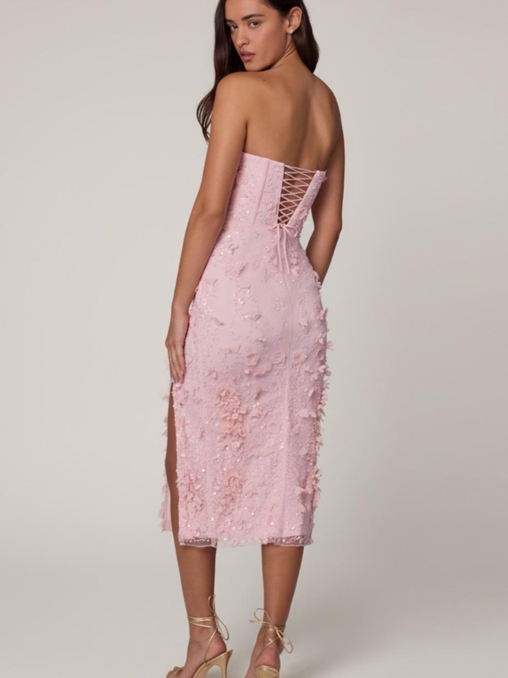 Oh Polly Eudora Lace-Up Corset Midaxi Dress w/ slit in Lilac - Picture 4 of 5